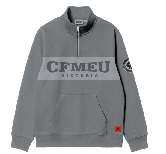 Grey pullover hoodie with half-zip, front kangaroo pocket, and a light chest stripe reading 'CFMEU VICTORIA'; circular patch on the left sleeve and a small red patch at the hem.