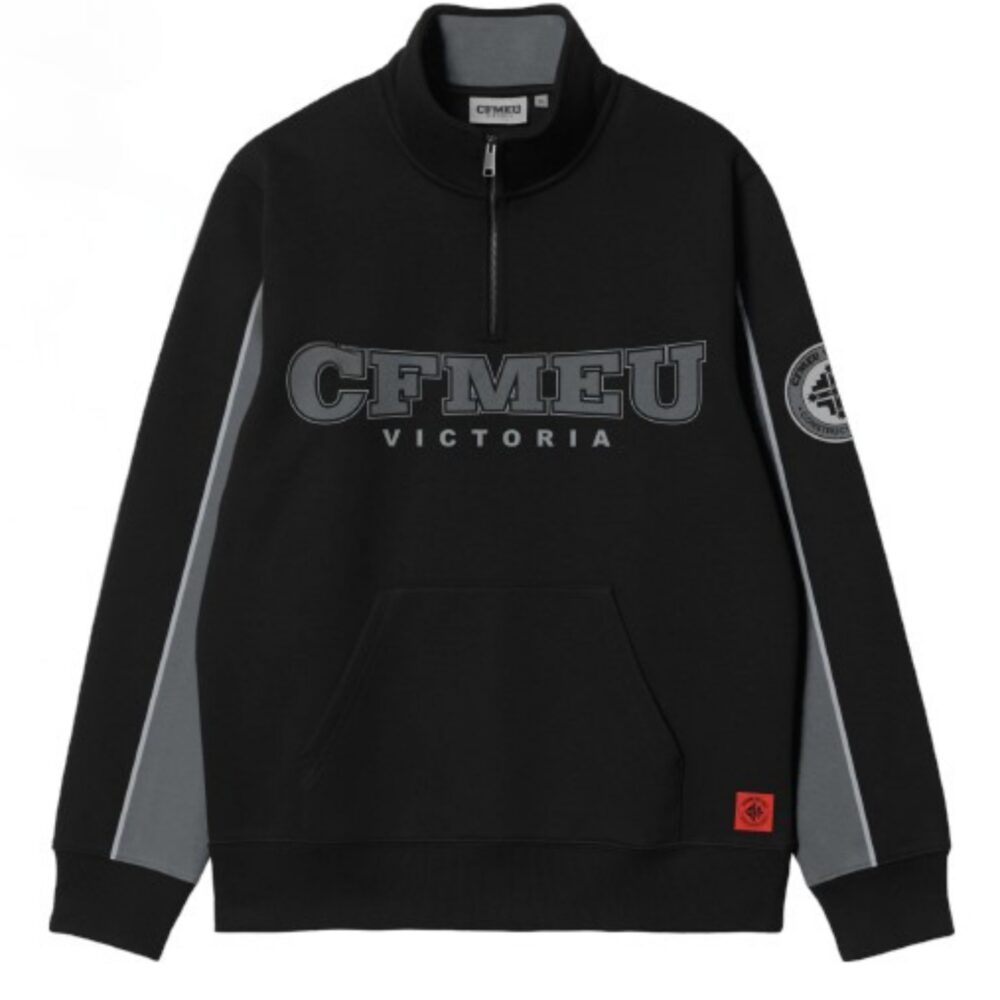 Black zip-neck hoodie with gray side panels and a large 'CFMEU Victoria' logo across the chest, front pocket visible.
