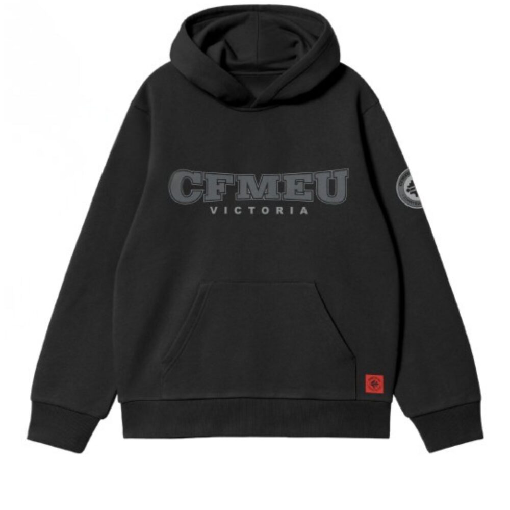 Black hoodie with grey 'CFMEU Victoria' logo across the chest and a round sleeve patch.
