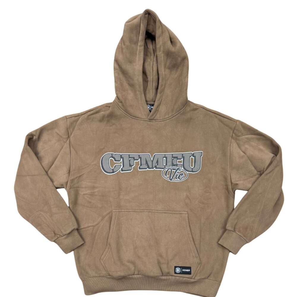 Brown hoodie with front pocket and a bold CFMEU Vic logo across the chest