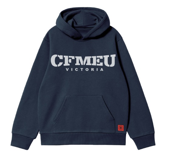 Navy hoodie with CFMEU Victoria logo in bold white across the chest, front pocket, and a small red patch near the hem.