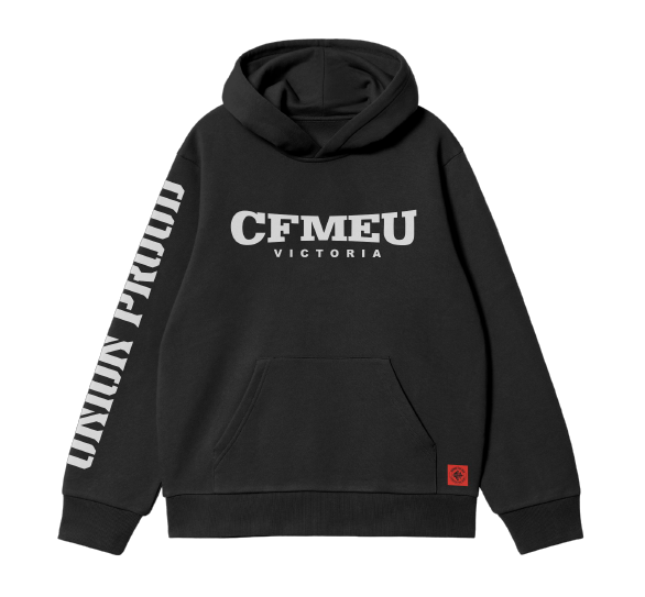 Black hoodie featuring a CFMEU Victoria logo on the chest, a vertical graphic along the left sleeve, and a small red patch near the hem.