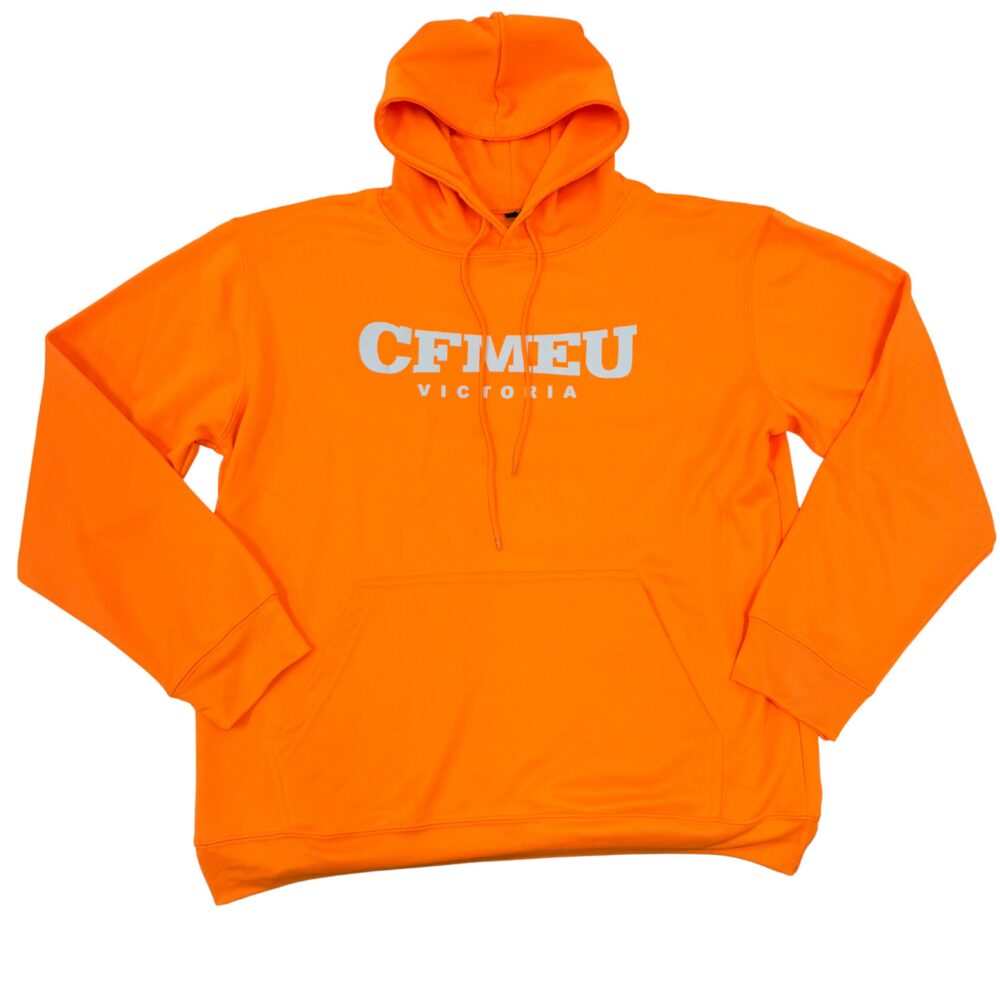 Bright orange hoodie with a white 'CFMEU Victoria' logo on the chest, laid flat against a white background.