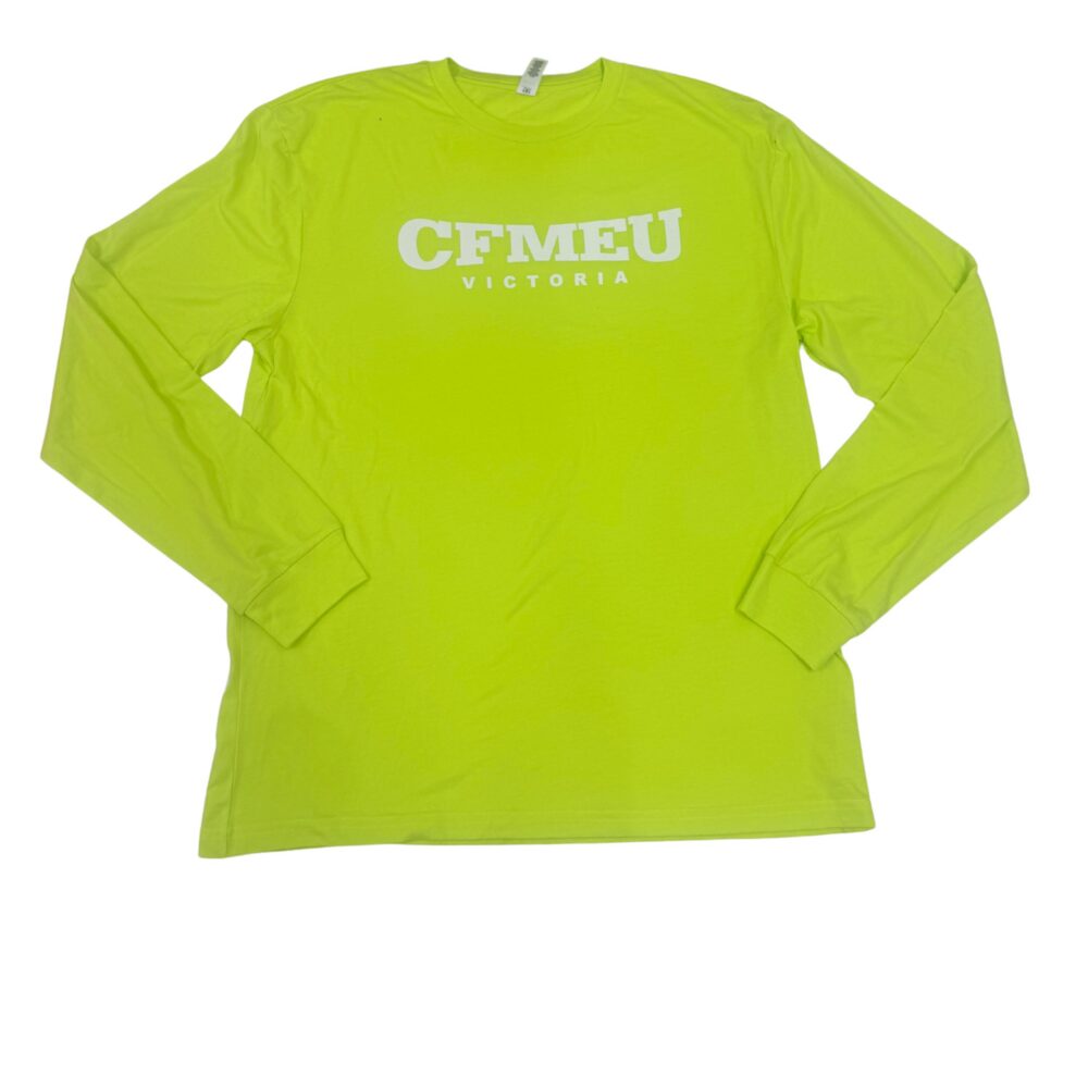Bright lime green long-sleeve shirt with white CFMEU Victoria logo across chest, crew neck style