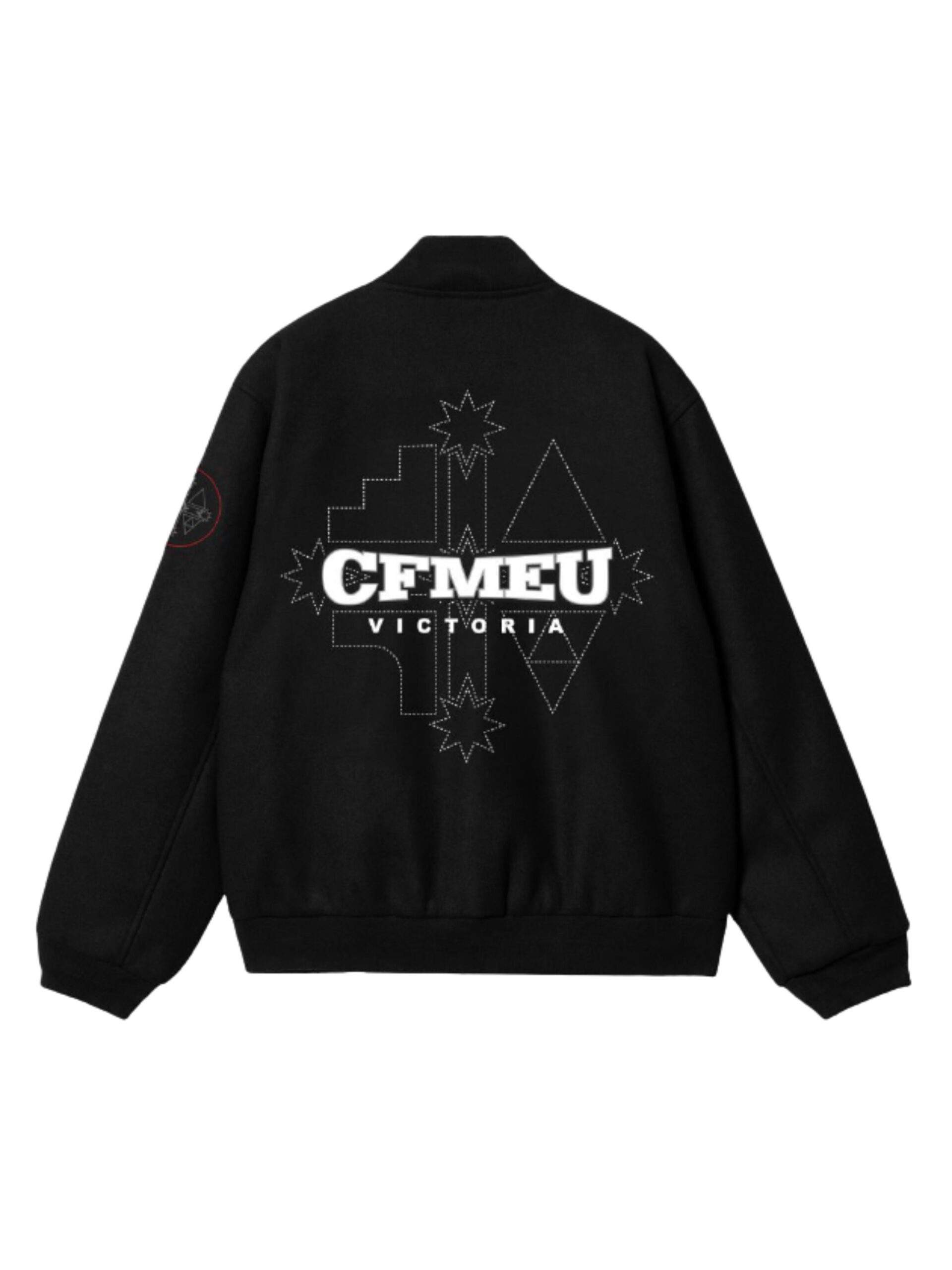 bomber-jacket-backjpg | CFMEU VIC & TAS Back of a black jacket featuring a white dotted geometric emblem and the 'CFMEU VICTORIA' branding