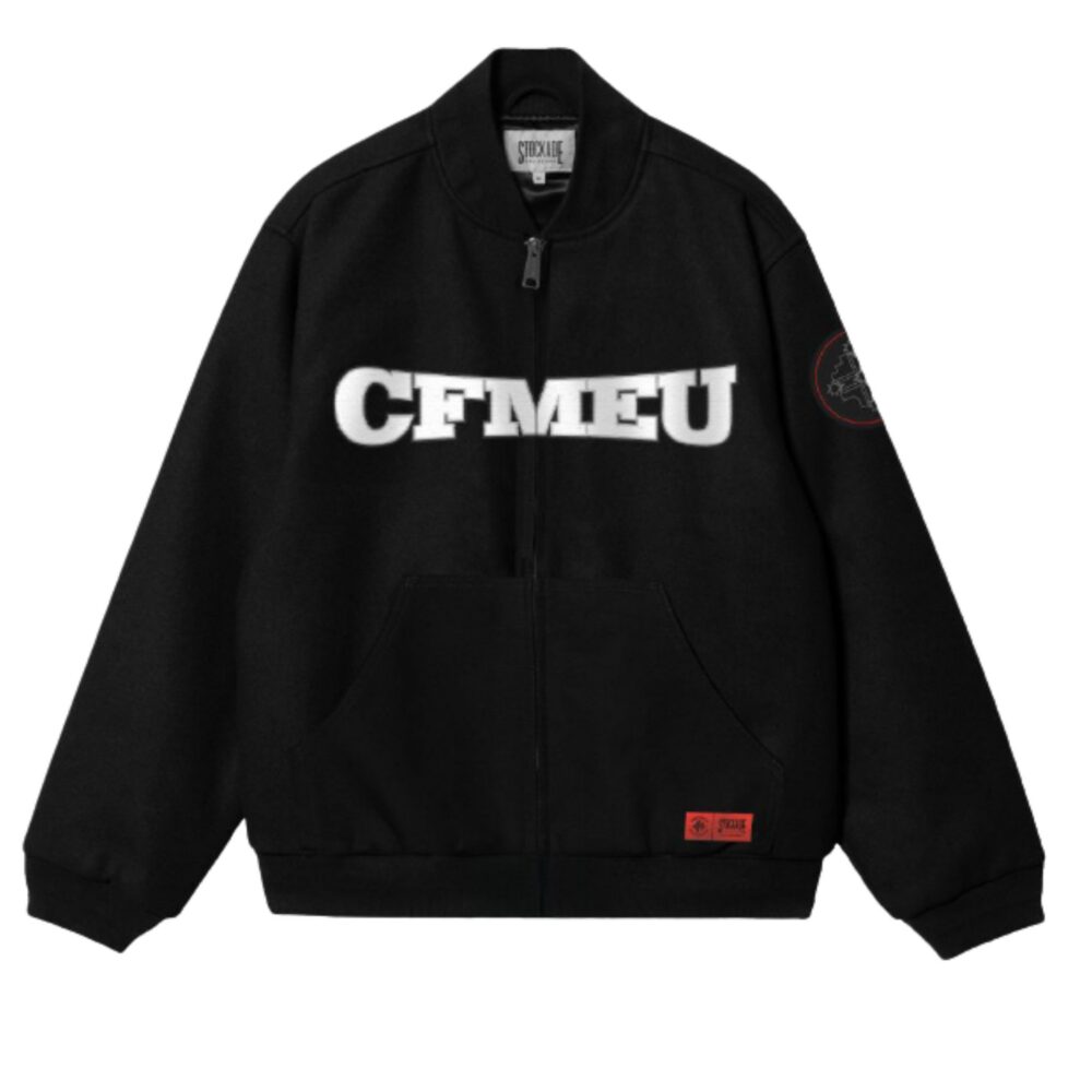 Black zip-up jacket with bold white 'CFMEU' text across the chest, circular sleeve patch, and a red label near the hem area.