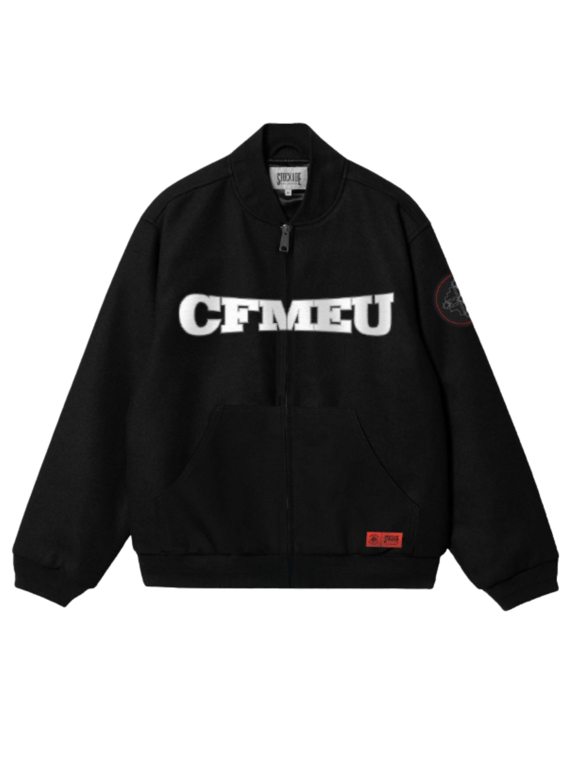 bomber-jacket-frontjpg | CFMEU VIC & TAS Black zip-up jacket with bold white 'CFMEU' text across the chest, circular sleeve patch, and a red label near the hem area.