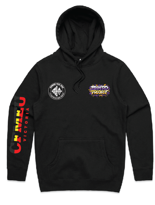 Black hoodie with a white circular badge on the left chest, a colorful 'SWORD PROJECT' logo on the right chest, red-and-yellow vertical text along the left sleeve, plus a front kangaroo pocket and drawstring hood.