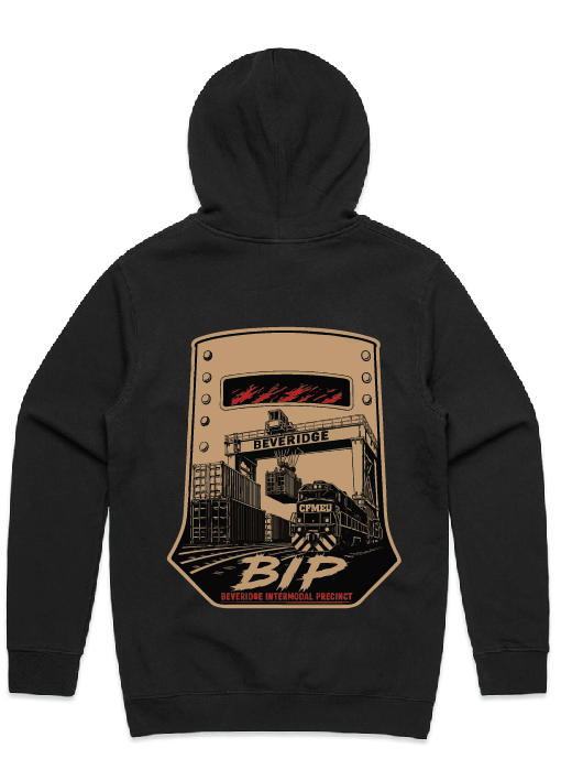 BIP-Backpng | CFMEU VIC & TAS Black hoodie with a large beige badge graphic on the back featuring a train and cityscape, including the text BEVERIDGE and BIP.