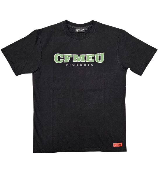 CAMO-EMBLEM-TEE-FRONTpng | CFMEU VIC & TAS Black T-shirt with CFMEU Victoria logo in green and white on the chest.