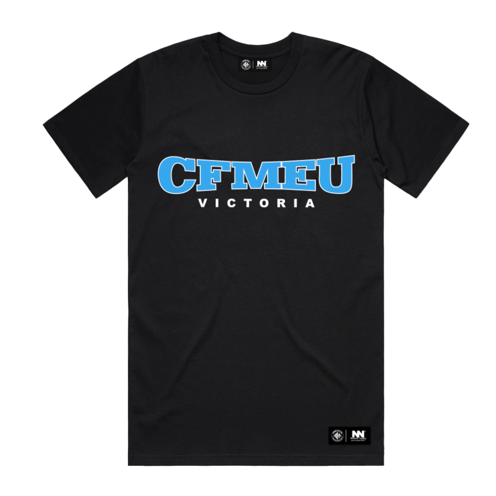 CFMEU-BLUE-LOGO-TEE-FRONTpng | CFMEU VIC & TAS Black T-shirt with a bold blue 'CFMEU' logo and 'Victoria' below in white text on the chest area.