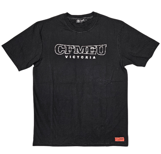 Black short-sleeve T-shirt with 'CFMEU VICTORIA' graphic on the chest and a small orange label near the bottom hem.