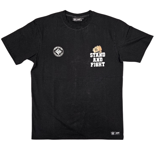 Black short-sleeve T-shirt with a circular emblem on the left chest and the white text 'STAND AND FIGHT' on the right chest area; a small beige graphic sits above the text.