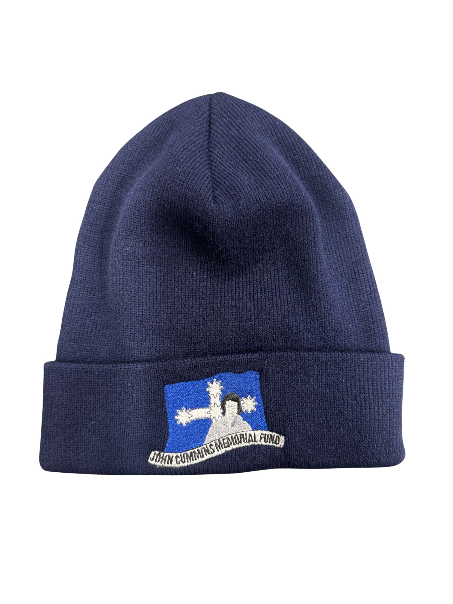 Soon-2jpg | CFMEU VIC & TAS Navy knit beanie with a blue patch reading 'John Cummings Memorial Fund' on the front.
