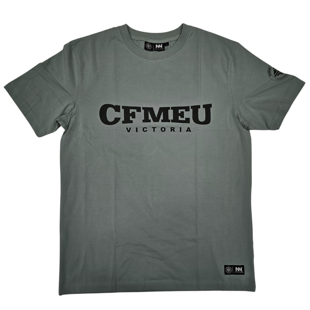 Stand-and-fight-green-1png | CFMEU VIC & TAS Gray T-shirt with bold 'CFMEU VICTORIA' text across chest, small patch on bottom-right corner.
