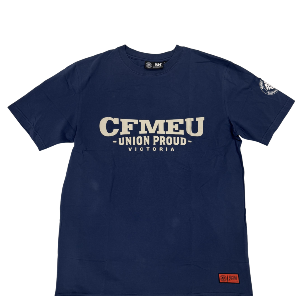 Navy T-shirt with bold cream text reading 'CFMEU UNION PROUD VICTORIA' across the chest and a small orange patch near the bottom hem on the right side. Patch visible on the sleeve as well.
