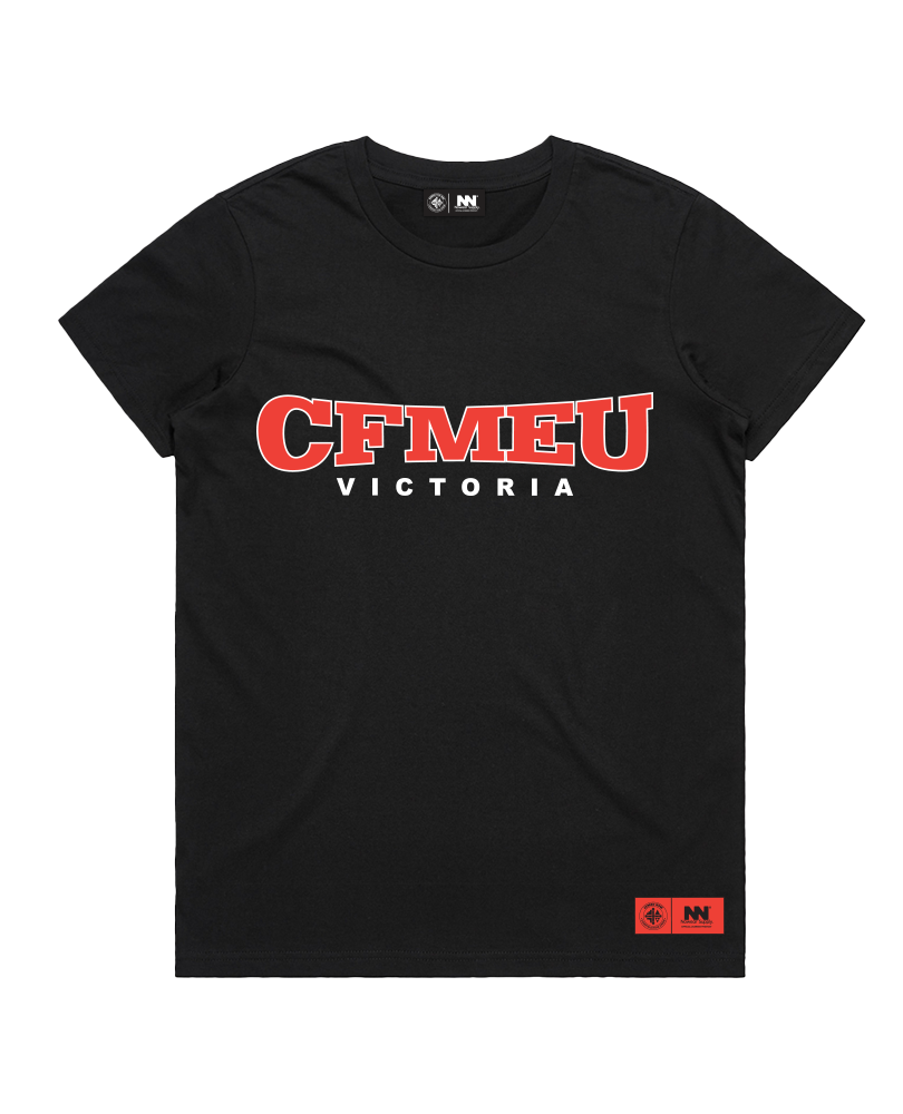 Black T-shirt with a bold red 'CFMEU Victoria' logo across the chest and a small red brand tag at the bottom-right corner.