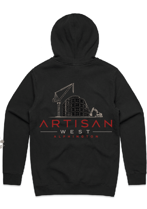 artisan-west-backpng | CFMEU VIC & TAS Black hoodie with a red 'ARTISAN WEST' logo and construction crane/building graphic on the back, 'ALPHINGTON' beneath.