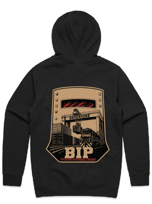 beveridge-backpng | CFMEU VIC & TAS Back of a black hoodie showing a large beige badge-style graphic with a stylized train, buildings, and the letters 'BIP' plus 'Beveridge International Precinct'.