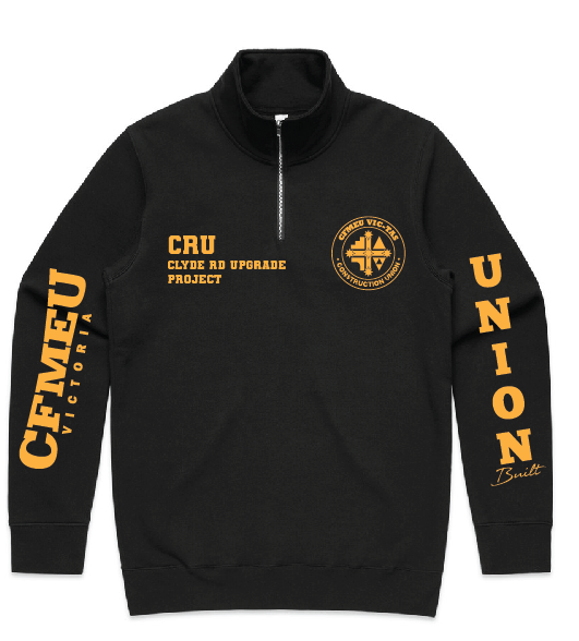 clyde-rd-qzip-frontpng | CFMEU VIC & TAS Black pullover hoodie with orange branding: CRU Clyde Rd Upgrade Project and circular logo on chest, 'UNION Built' on the right sleeve, vertical text on left sleeve.