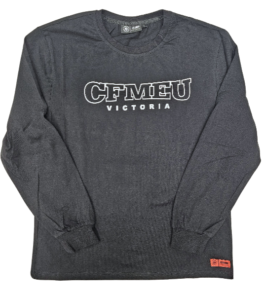 emblem-ls-teepng | CFMEU VIC & TAS Dark gray long-sleeve shirt with a white 'CFMEU VICTORIA' logo on the chest.