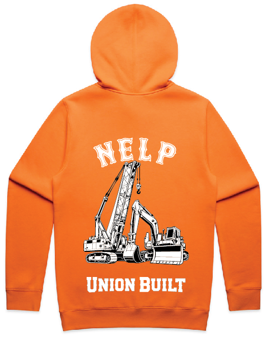 nelp-tsa-hi-vis-backpng | CFMEU VIC & TAS Orange hoodie featuring a construction crane graphic with the text 'HELP' above and 'UNION BUILT' below.