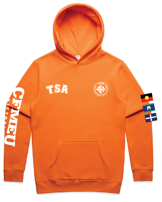 nelp-tsa-hi-vispng | CFMEU VIC & TAS Orange hoodie with TSA logo on the chest, a circular emblem, white vertical text on the left sleeve, and stacked small flags on the right sleeve.