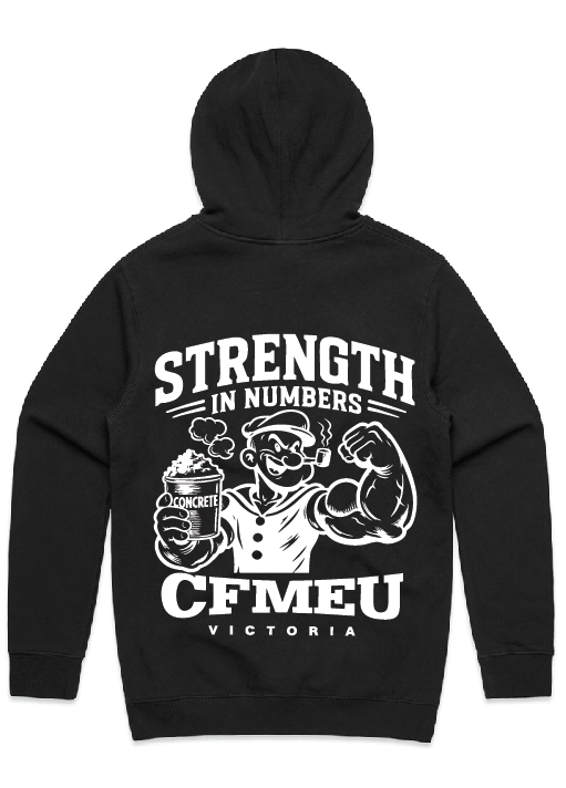570-little-bourke-backpng | CFMEU VIC & TAS Black hoodie with a bold white graphic: 'STRENGTH IN NUMBERS' above a muscular cartoon worker holding a cement bucket and a pipe, 'VICTORIA' at the bottom.