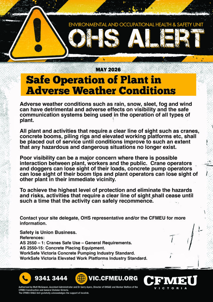 OH&S Alert poster announcing May 2026 safety guidance on safe operation of plant in adverse weather conditions.