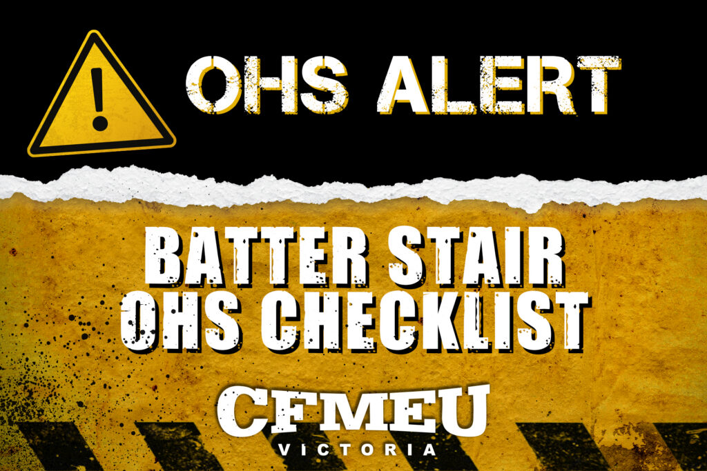 Warning banner: yellow caution triangle on black background with distressed white 'OHS ALERT' text, followed by a torn yellow strip and large white 'CHECKLIST' lettering below.