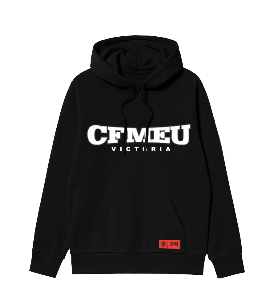 Black hoodie with bold white 'CF MEU Victoria' logo across the chest and a small red tag near the pocket.