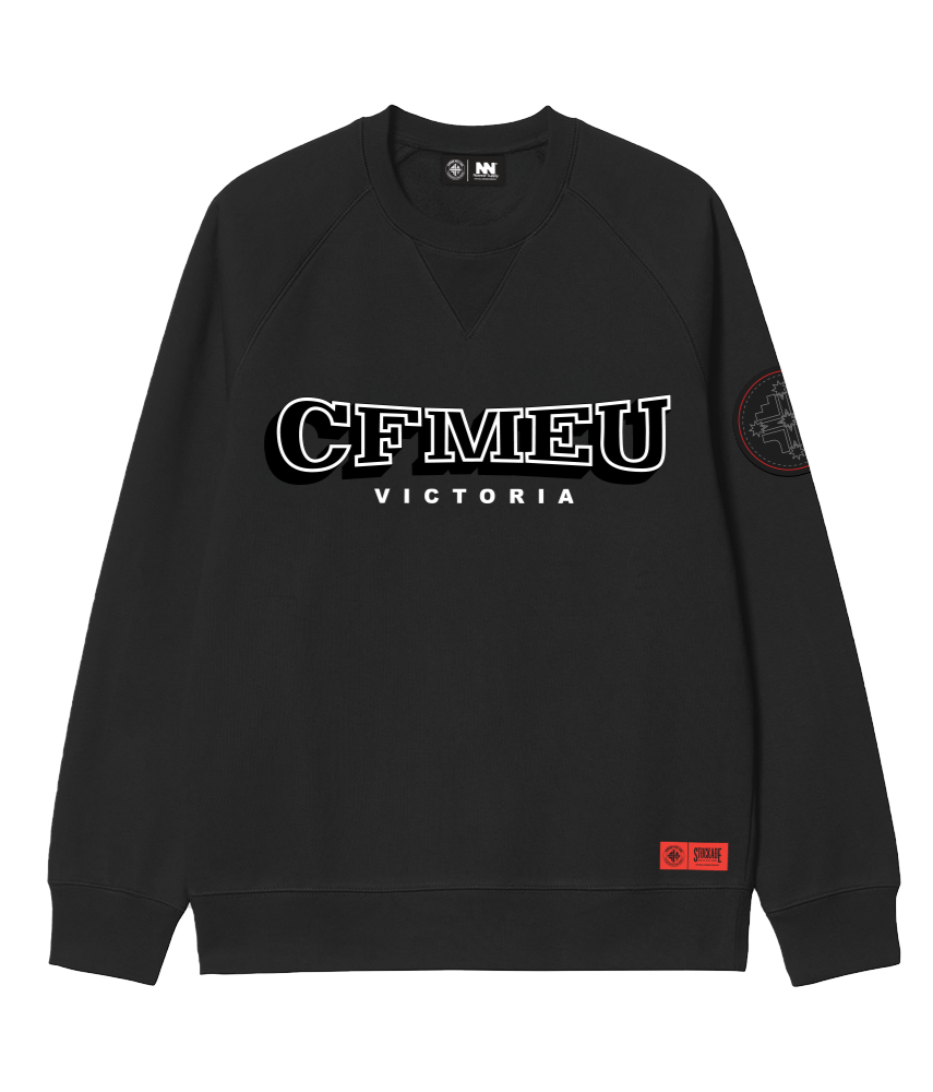 Black crewneck sweatshirt featuring a bold 'CFMEU VICTORIA' logo across the chest, with a circular emblem on the left sleeve and a red tag near the bottom hem.
