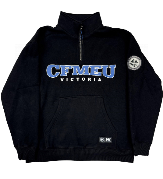 Black pullover hoodie with a blue CFMEU VICTORIA logo across the chest, front pocket, and a circular sleeve patch on the left arm.