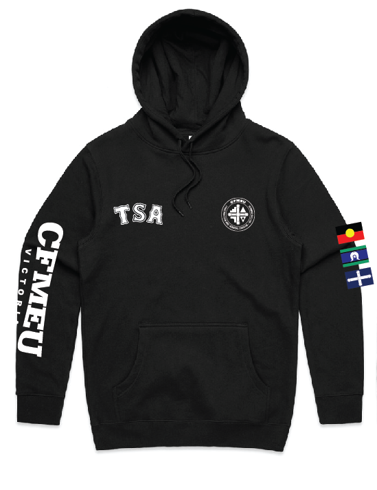 Black pullover hoodie with a front pocket and drawstrings, featuring 'TSA' lettering and a circular emblem on the chest, vertical white text along the left sleeve, and stacked flag patches on the right sleeve.