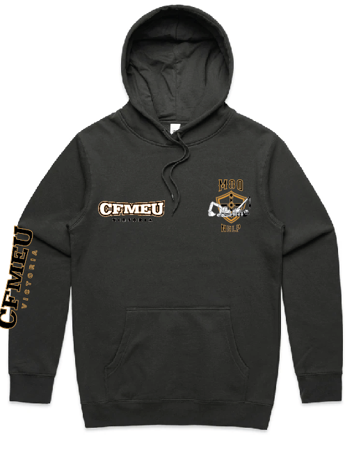 Black hoodie with CFMEU Victoria logos on the chest and left sleeve, front pocket, drawstrings.