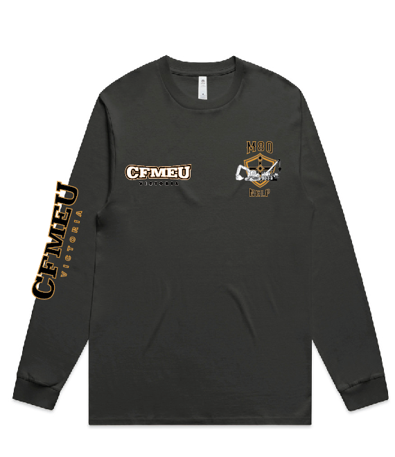 Dark long-sleeve shirt with orange/white CFMEU logos on the chest and a distressed badge featuring 'M80' and gear imagery on the right chest; the left sleeve has a vertical CFMEU text design in orange and black.