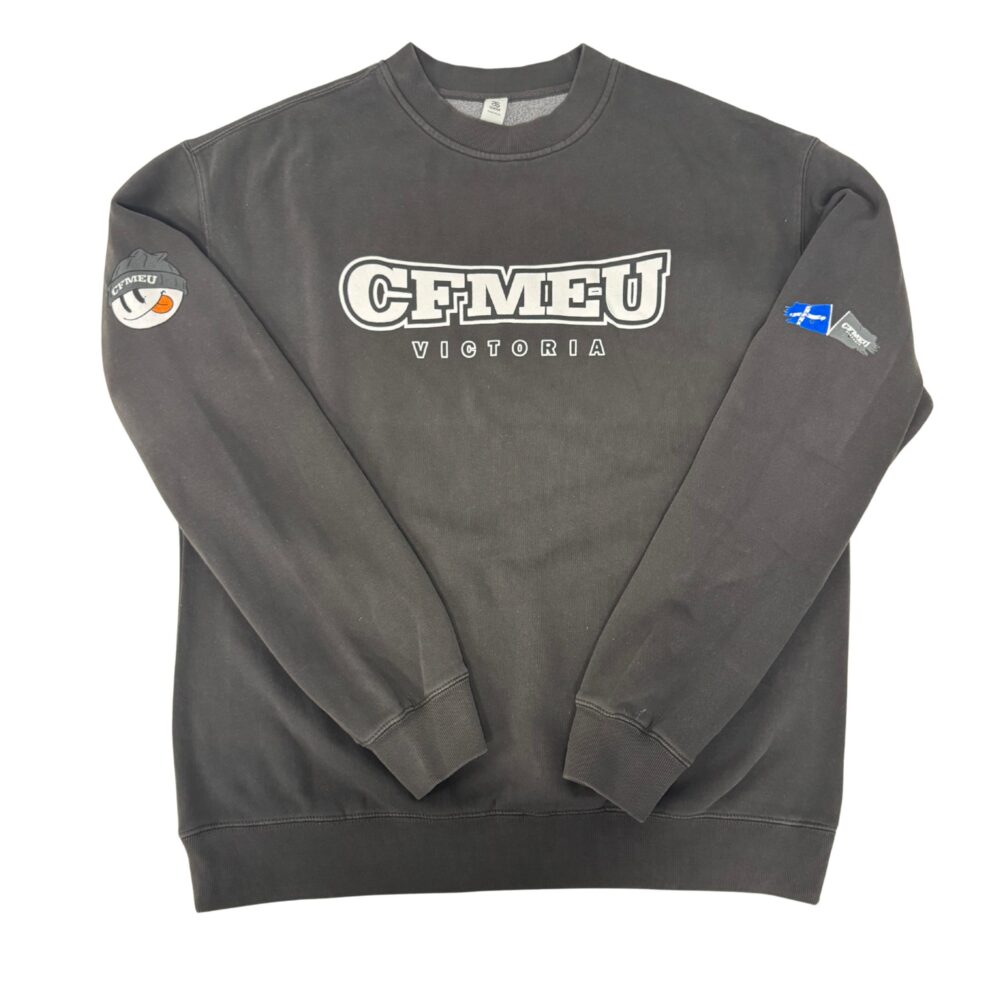 relaxed-crewjpg | CFMEU VIC & TAS Gray sweatshirt with CFMEU Victoria logo across the chest and patches on both sleeves.