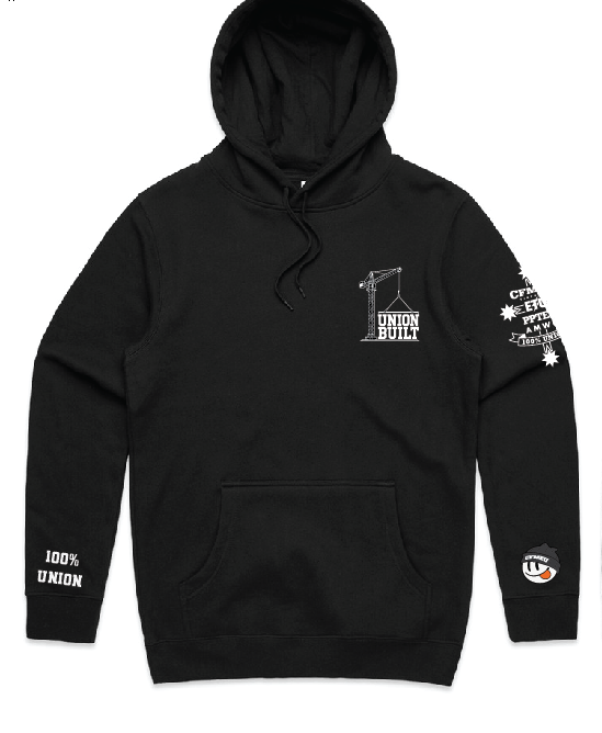 trielle-frontpng | CFMEU VIC & TAS Black hoodie with a front pouch pocket and drawstring hood; left chest features a white 'UNION BUILT' crane graphic; left sleeve shows '100% UNION' text; additional white graphics and stars on the right sleeve; small round patch on the lower right sleeve cuff.