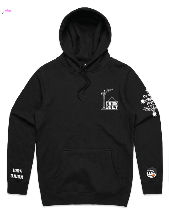 trielle-frontpng | CFMEU VIC & TAS Black hoodie with a front pouch pocket and drawstring hood; left chest features a white 'UNION BUILT' crane graphic; left sleeve shows '100% UNION' text; additional white graphics and stars on the right sleeve; small round patch on the lower right sleeve cuff.