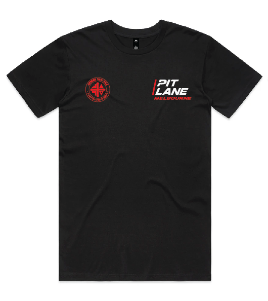 Black T-shirt with two chest logos: a red circular emblem on the left and a 'PIT LANE MELBOURNE' logo on the right.