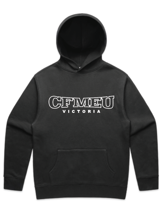 Black hoodie with a white CFMEU Victoria logo on the chest, front pocket visible, product shot without background
