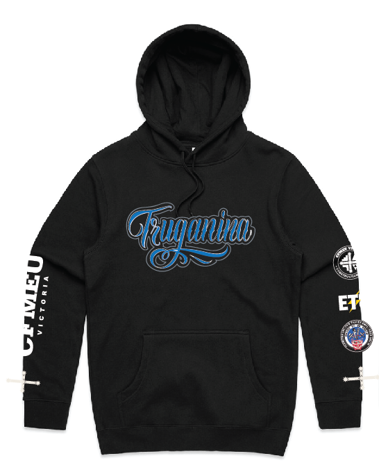 Black hoodie with a blue cursive logo on the chest, a front pocket, and patches on the sleeves.
