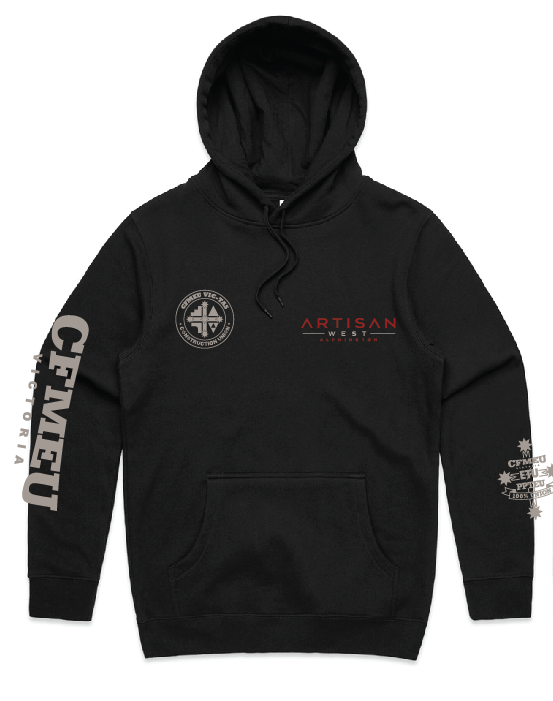 Black hoodie with multiple logos: circular patch on the left chest, red 'ARTISAN WEST' text in the center, and branding along the sleeves.