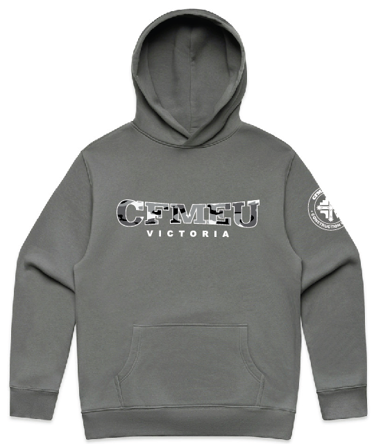 Gray hoodie with CFMEU Victoria branding on the chest and a circular patch on the left sleeve.