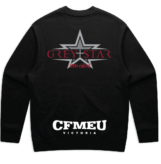 gretstar-backpng | CFMEU VIC & TAS Back of black sweatshirt featuring a gray star logo with red GREYSTAR and ‘100% UNION’; white CFMEU VICTORIA text at the bottom.