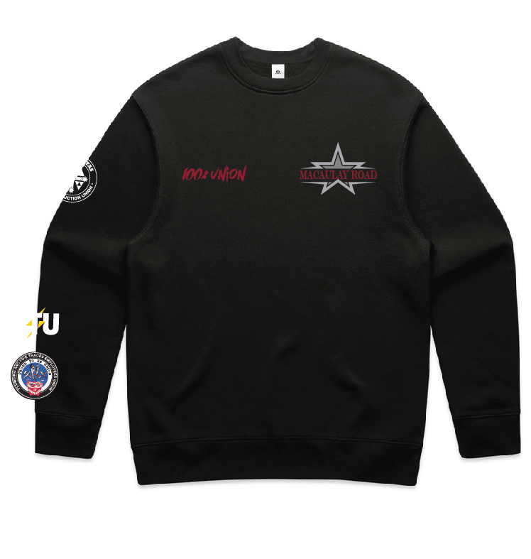 grey-star-crew-front-1png | CFMEU VIC & TAS Black crewneck sweatshirt featuring several patches: red '100% UNION' text and a silver star badge labeled MACAULAY ROAD on the chest, with circular patches on the left sleeve.