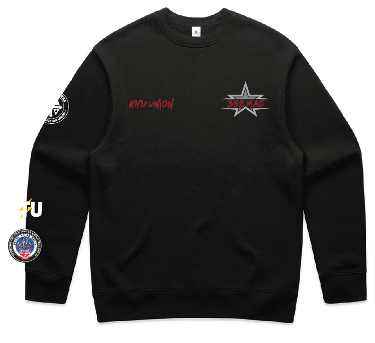 Black sweatshirt with patches: red '100% UNION' on chest, gray star badge with '352 MAC', and sleeve patches on the left sleeve area.