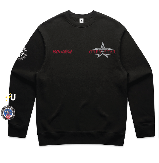 Black sweatshirt with multiple patches on sleeves and chest, including a gray star logo labeled 'Grey Star' on the front left chest area.