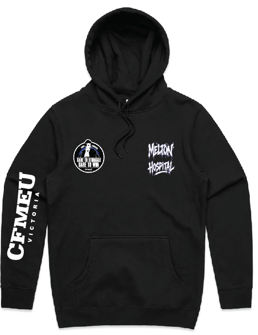 Black hoodie featuring a circular patch on the left chest and white graphic text on the right chest; vertical text runs down the left sleeve and it has a front kangaroo pocket.