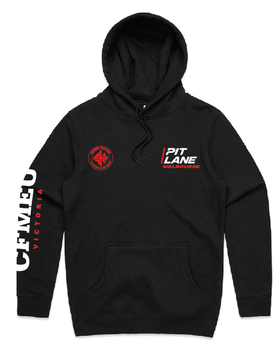 Black pullover hoodie with a circular red badge on the left chest and a white 'Pit Lane Melbourne' logo; vertical white/red text runs down the left sleeve.